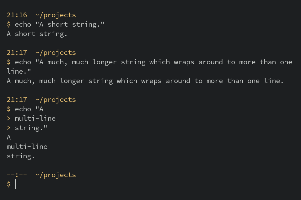 A terminal showing several commands of different lengths.